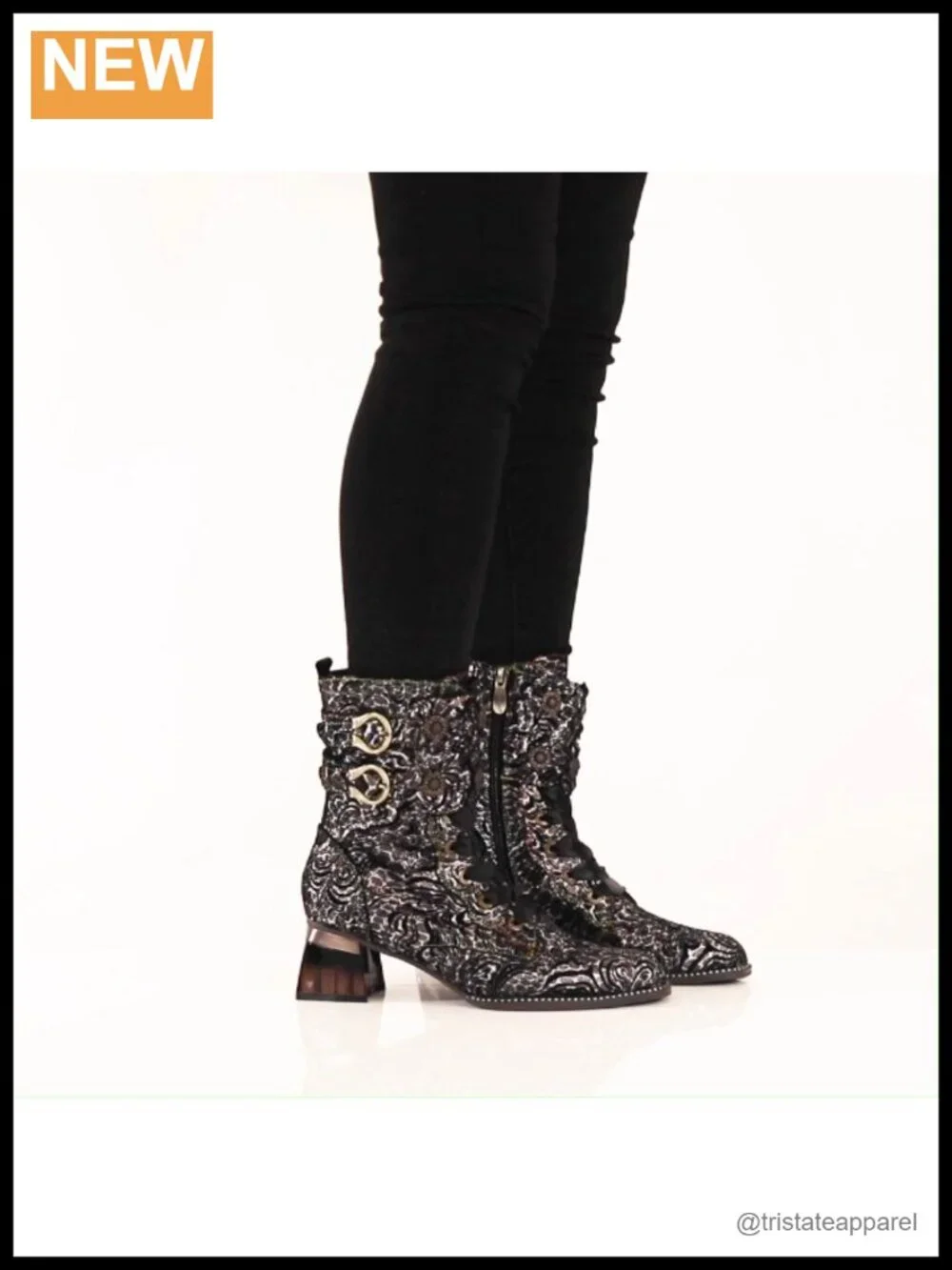 Artistic Mid-Calf Boots with Adjustable Fit Suede Floral Applique